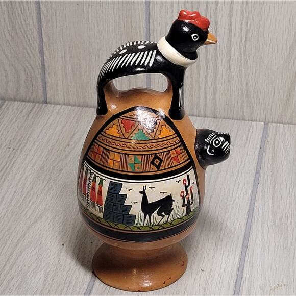 Vintage Cusco Peru Art Pottery Chicha Jaguar Rooster Jug Pitchers Hand Painted - Picture 7 of 10